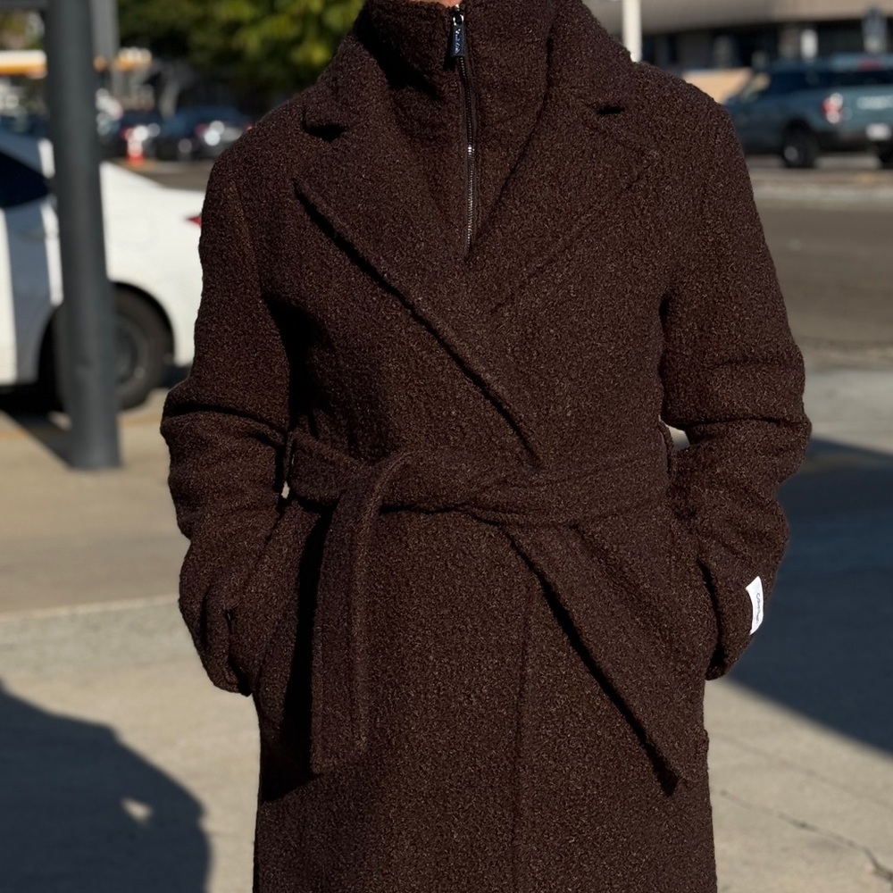 Warm, brown coat from Calvin Klein. Size s (I would say more small/medium)